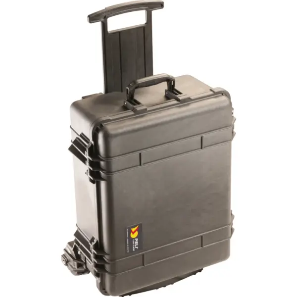 Peli Protector Case 1560M, Schwarz, aufrecht mit Fahrgestell und Teleskopgriff