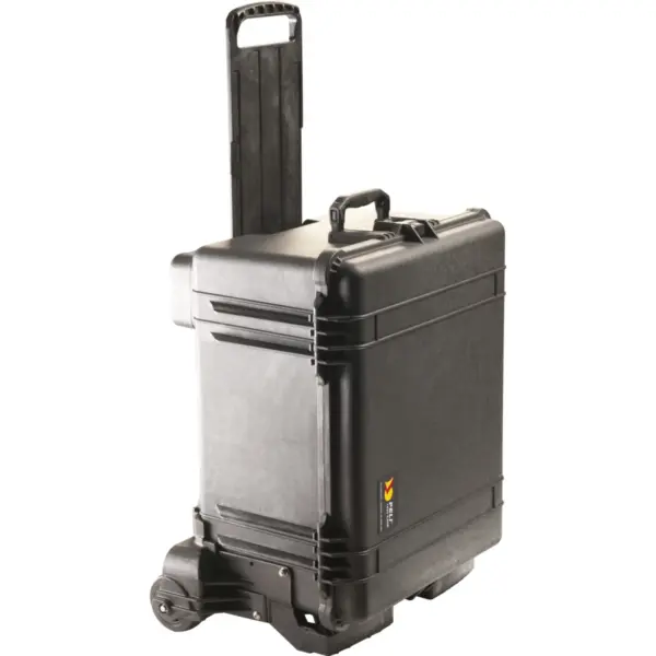 Peli Protector Case 1620M, Schwarz, aufrecht mit Fahrgestell und Teleskopgriff